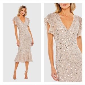 MAC DUGGAL 10801 Sequined V Neck Flutter Cap Sleeve Trumpet Dress